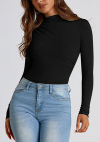 Y2K Long Sleeve Mock Neck Ruched Slim Fitted Casual Blouses