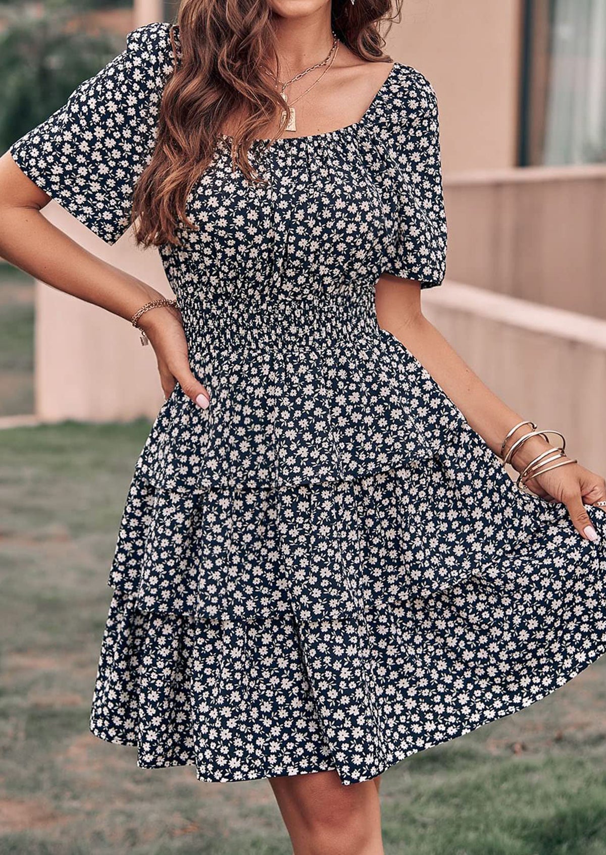 Floral Square Neck Short Sleeve Tiered Ruffle Boho Dresses