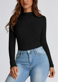 Y2K Long Sleeve Mock Neck Ruched Slim Fitted Casual Blouses
