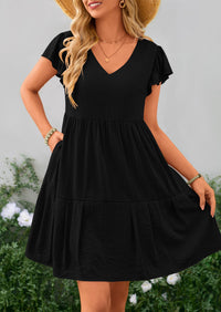 Casual Cap Sleeve V Neck Tiered Ruffle Swing A Line Dresses