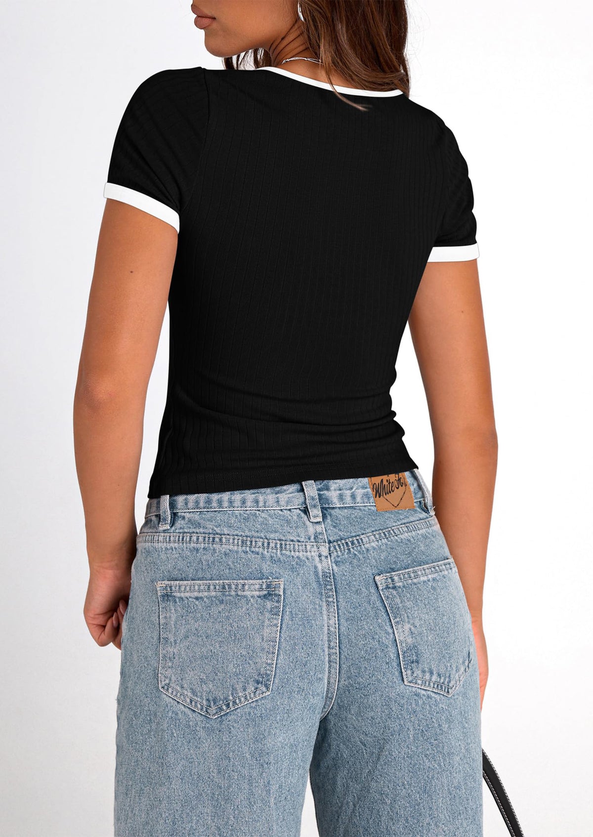 Casual Short Sleeve Ribbed Knit Square Neck Color Block Slim Fit Basic Crop T-shirts