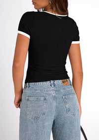 Casual Short Sleeve Ribbed Knit Square Neck Color Block Slim Fit Basic Crop T-shirts