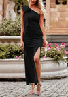 PRETTYGARDEN Summer One Shoulder Long Formal Women's Dress Sleeveless Ruched Bodycon Wedding Guest Slit Maxi Dresses