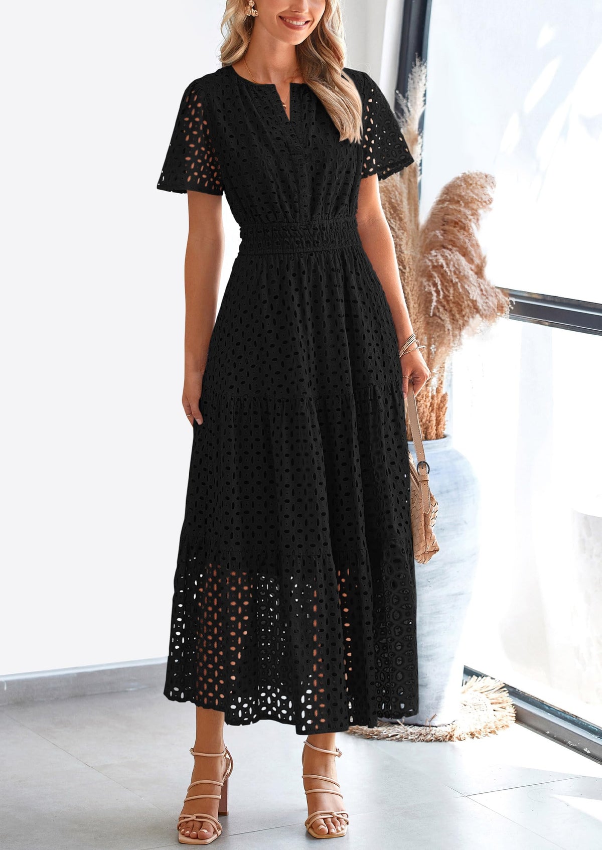 Short Sleeve V Neck Hollow Out Eyelet A Line Long Beach Maxi Dress