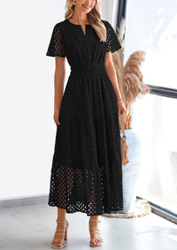 Short Sleeve V Neck Hollow Out Eyelet A Line Long Beach Maxi Dress