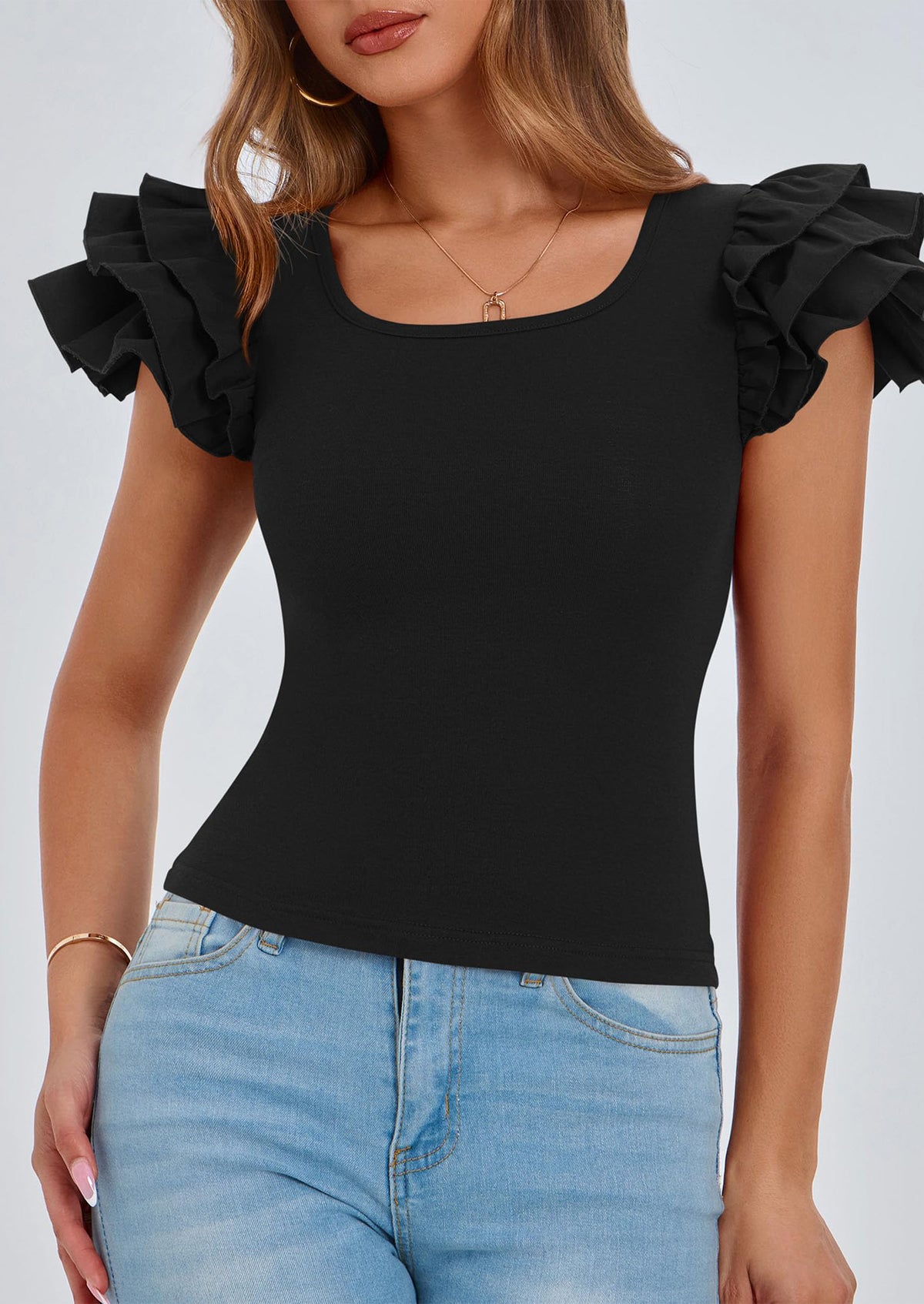 Ruffle Short Sleeve Casual Basic Fitted Crew Neck T-shirts