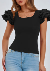 Ruffle Short Sleeve Casual Basic Fitted Crew Neck T-shirts