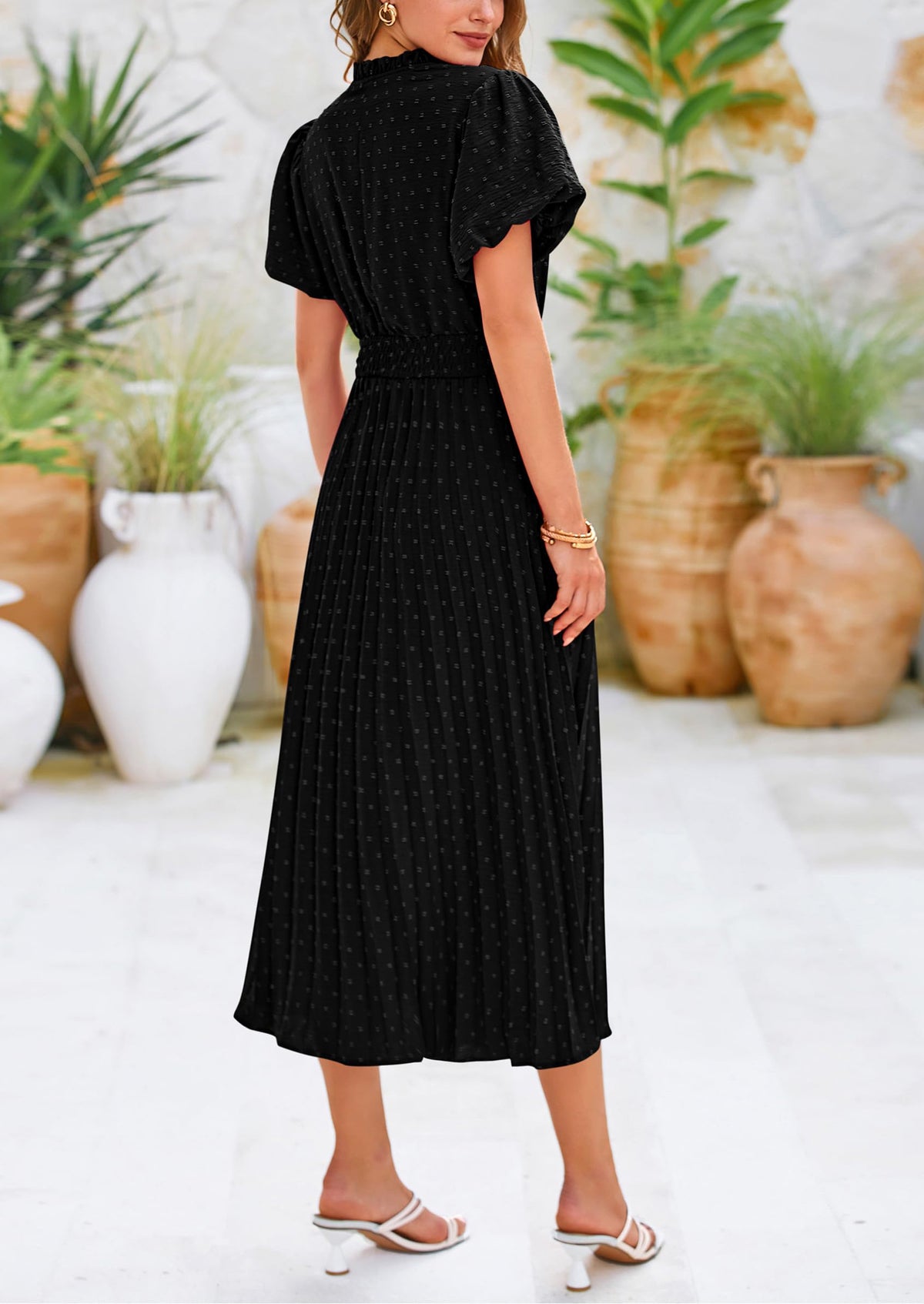 Swiss Dot Pleated A Line Casual Flowy Party Midi Dress