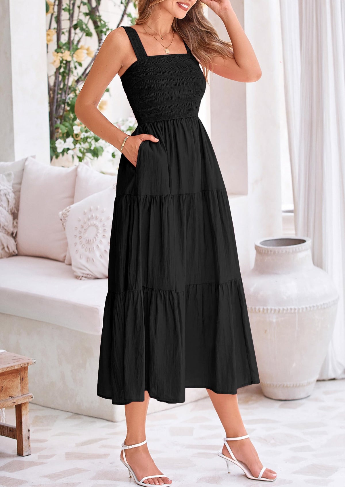 Smocked Ruffle A Line Long Flowy Sleeveless Beach Midi Dress