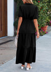 PRETTYGARDEN Women's Summer Maxi Dress Puff Short Sleeve Lapel V Neck Tiered A Line Flowy Elegant Party Dresses with Belt