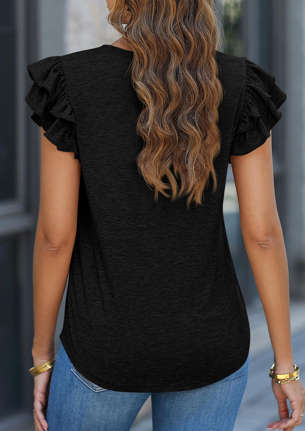 Casual Ruffle Short Sleeve V Neck T-shirts