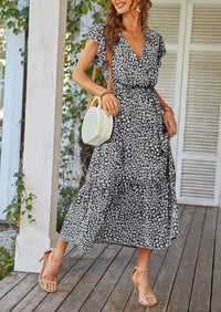 Floral Wrap V Neck Hem A-Line Bohemian Maxi Dresses