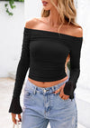 PRETTYGARDEN Off The Shoulder Tops for Women Trendy Ruched Mesh Slim Fit Long Sleeve Shirts Y2K Going Out Summer Outfits