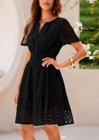 V Neck Short Sleeve A Line Hollow Out Lace Ruffle Casual Beach Party Mini Dresses