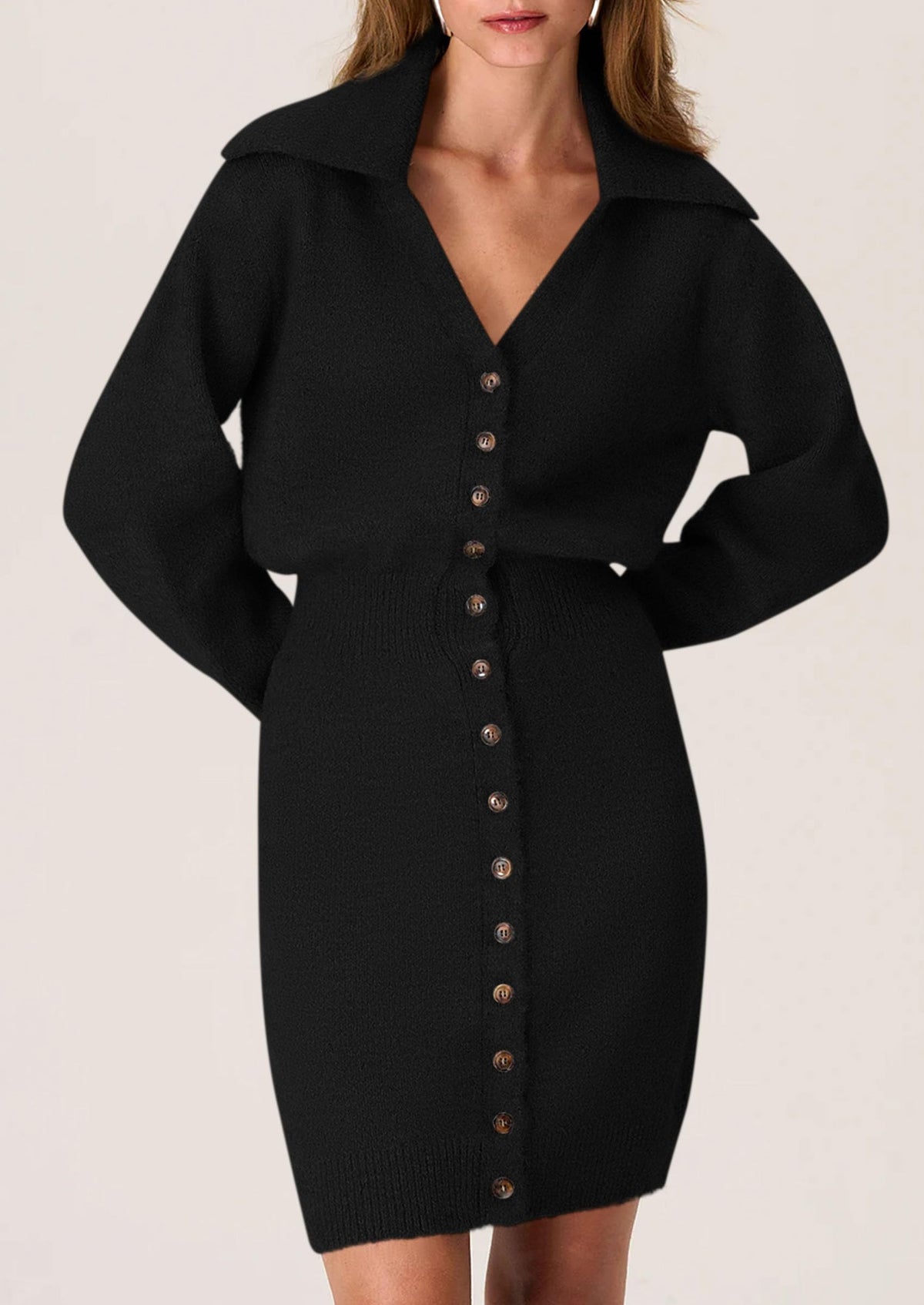 Long Sleeve V Neck Button Down Knit Pullover Sweater Dresses