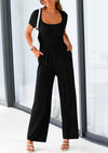 PRETTYGARDEN Casual Short Sleeve Square Neck Wide Leg Jumpsuit Rompers