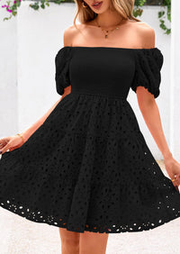 Puff Sleeve Off Shoulder Eyelet Smocked A Line Casual Babydoll Mini Dress