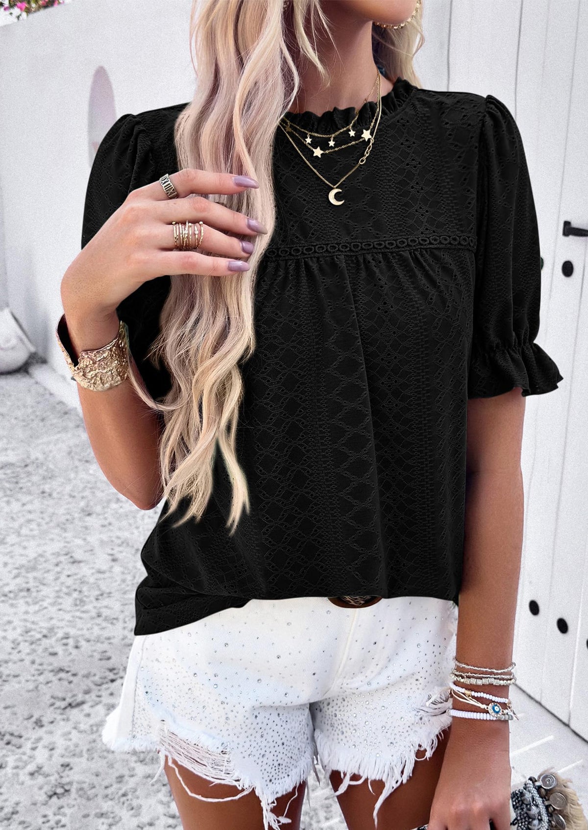 Casual Crew Neck Ruffle Short Sleeve Eyelet Babydoll Blouse