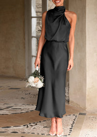 Satin sleeveless stand up collar party long dress