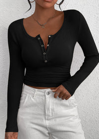 Long Sleeved V-Neck Button Slim Knit Solid Color Casual Shirt