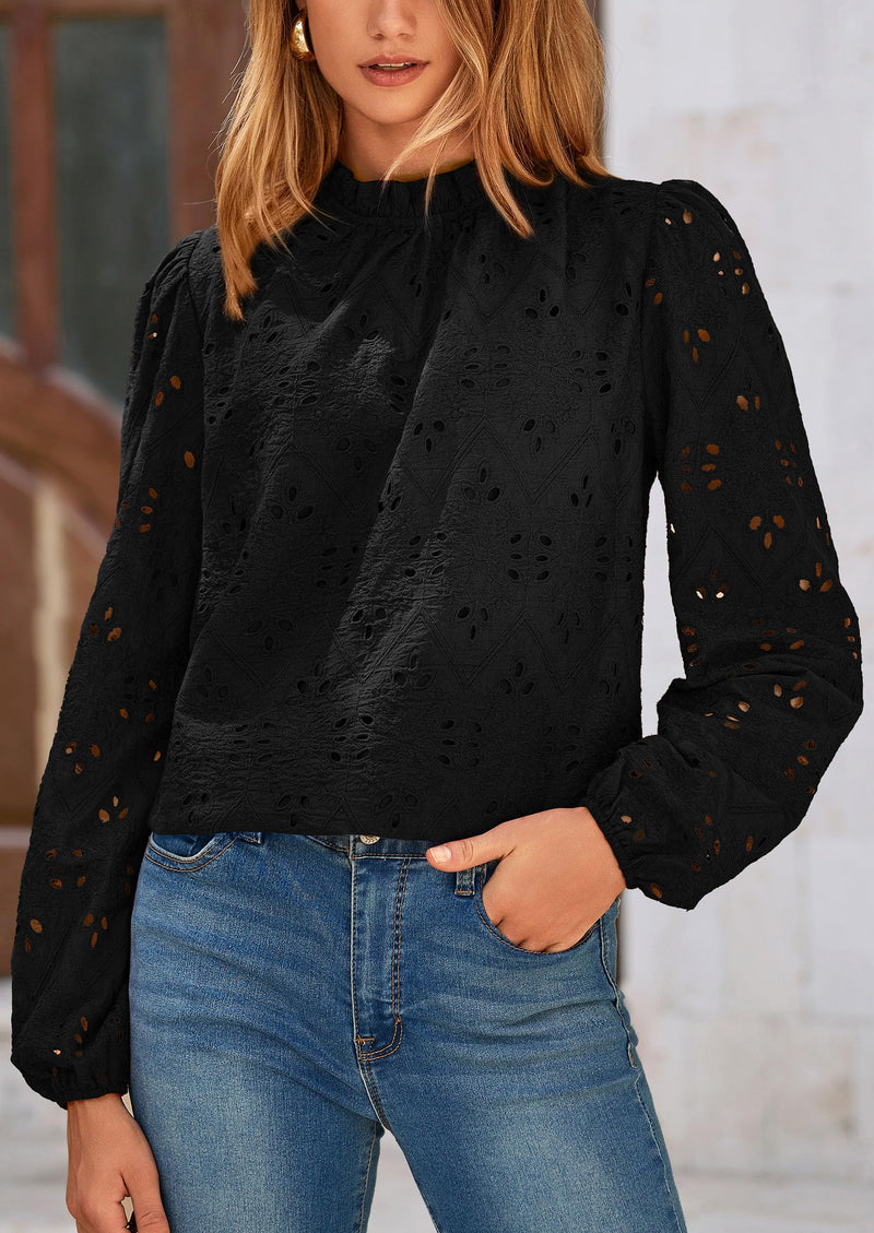 PRETTYGARDEN Womens Tops Dressy Casual Spring Long Sleeve Shirts Embroidered Eyelet Blouses Going Out Outfits