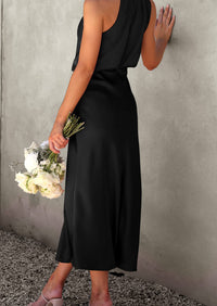 Satin sleeveless stand up collar party long dress