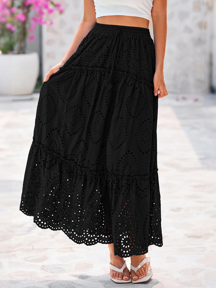 Bohemian Casual Lace Embroidered Eyelets A-Line Beach Long Dress