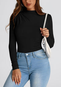 Y2K Long Sleeve Mock Neck Ruched Slim Fitted Casual Blouses