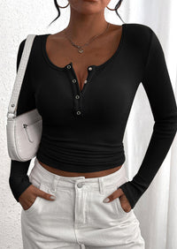 Long Sleeved V-Neck Button Slim Knit Solid Color Casual Shirt