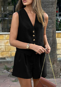 Button Down V Neck Vest Sleeveless Tops And Pockets Shorts 2 Piece Suits Sets