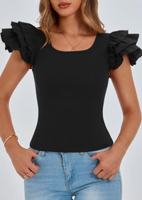 Ruffle Short Sleeve Casual Basic Fitted Crew Neck T-shirts