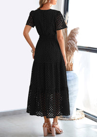 Short Sleeve V Neck Hollow Out Eyelet A Line Long Beach Maxi Dress