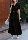 PRETTYGARDEN Women's Summer Maxi Dress Puff Short Sleeve Lapel V Neck Tiered A Line Flowy Elegant Party Dresses with Belt