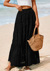 BTFBM Women's Boho Casual Skirts Summer Lace Embroidery Eyelet Elastic Waist Flowy Tiered A-Line Beach Maxi Skirt