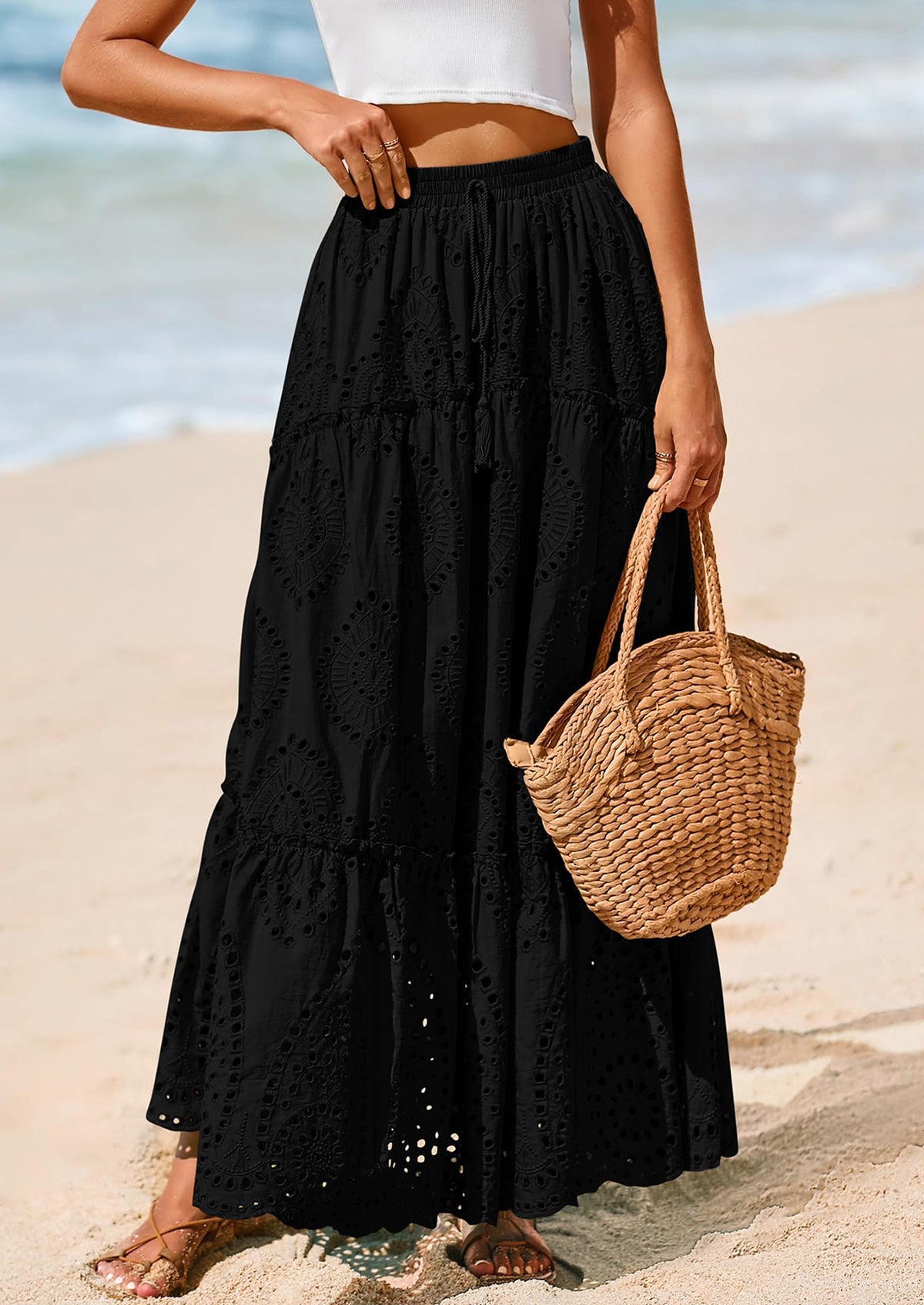 Bohemian Casual Lace Embroidered Eyelets A-Line Beach Long Dress