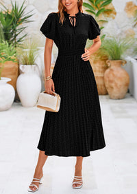 Swiss Dot Pleated A Line Casual Flowy Party Midi Dress