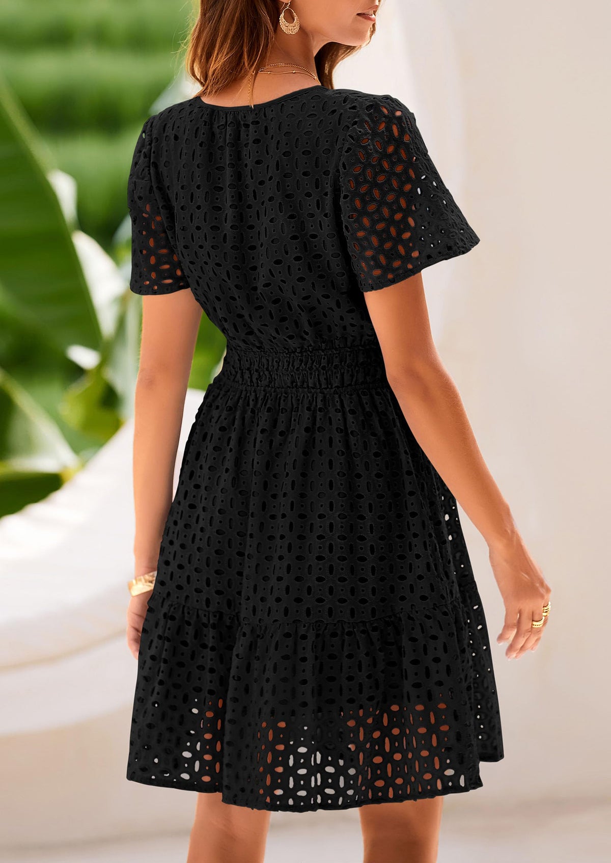 V Neck Short Sleeve A Line Hollow Out Lace Ruffle Casual Beach Party Mini Dresses