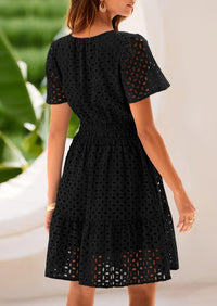 V Neck Short Sleeve A Line Hollow Out Lace Ruffle Casual Beach Party Mini Dresses