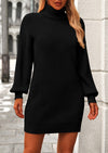 PRETTYGARDEN Sweater Dress for Women Long Puff Sleeve Turtleneck Ribbed Knit Oversized Pullover Winter Short Dress