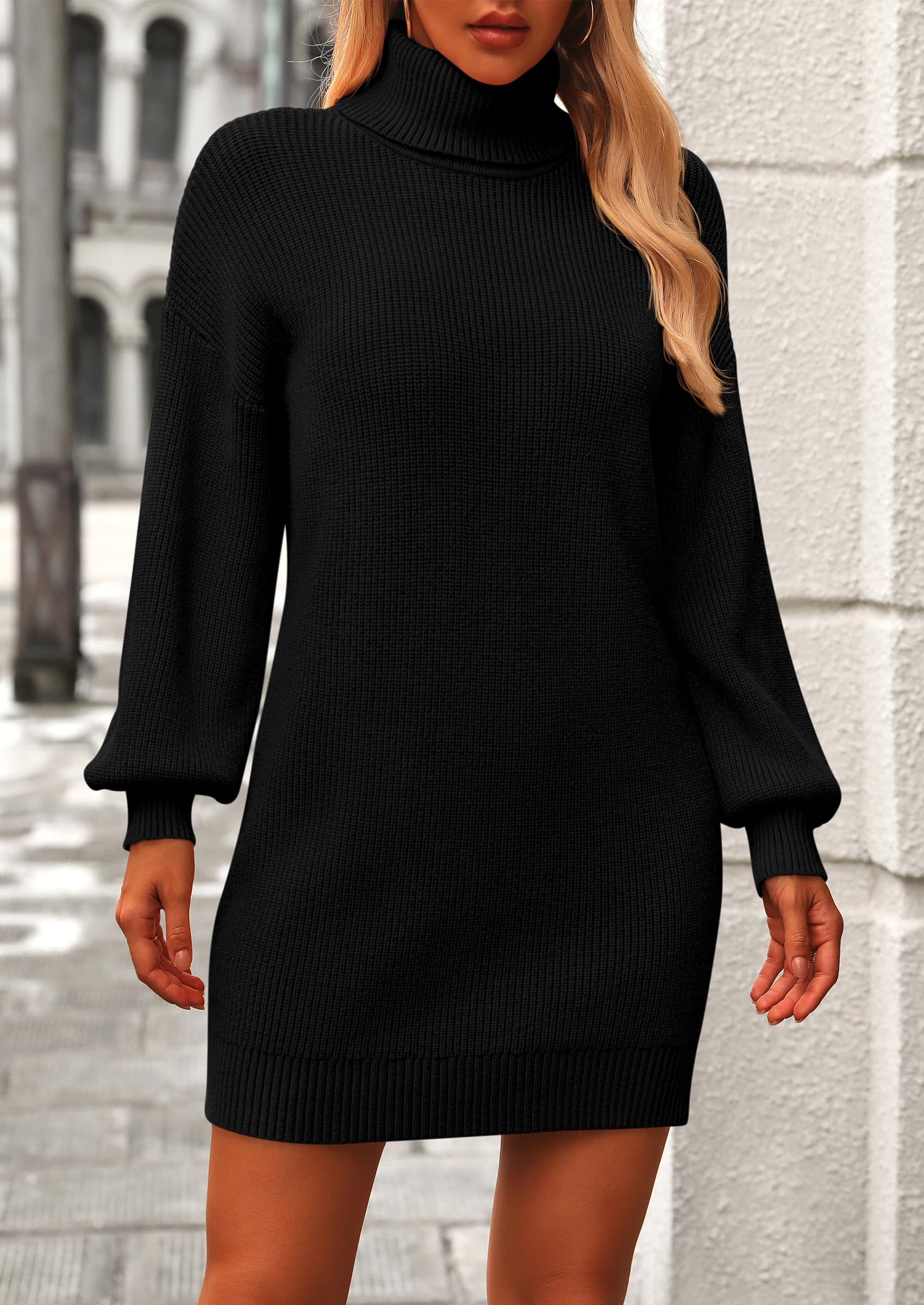 PRETTYGARDEN Sweater Dress for Women Long Puff Sleeve Turtleneck Ribbed Knit Oversized Pullover Winter Short Dress