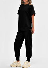 Casual Short Sleeve Tops High Waisted Sweatpants Two Piece Sets