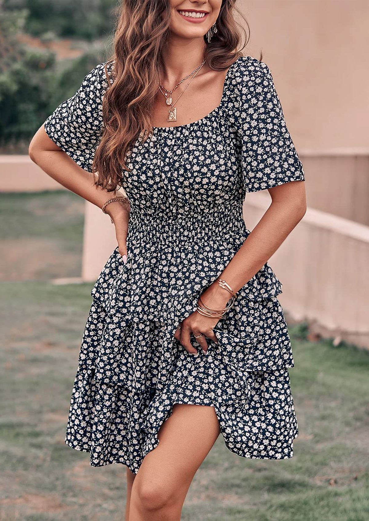 Floral Square Neck Short Sleeve Tiered Ruffle Boho Dresses