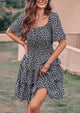 Floral Square Neck Short Sleeve Tiered Ruffle Boho Dresses