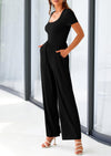 PRETTYGARDEN Casual Short Sleeve Square Neck Wide Leg Jumpsuit Rompers