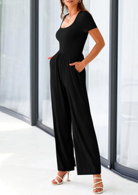 PRETTYGARDEN Casual Short Sleeve Square Neck Wide Leg Jumpsuit Rompers