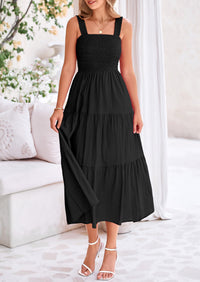 Smocked Ruffle A Line Long Flowy Sleeveless Beach Midi Dress