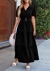 PRETTYGARDEN Women's Summer Maxi Dress Puff Short Sleeve Lapel V Neck Tiered A Line Flowy Elegant Party Dresses with Belt