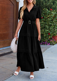 Puff Short Sleeve Lapel V Neck Tiered A-Line Flowy Party Dresses With Belt