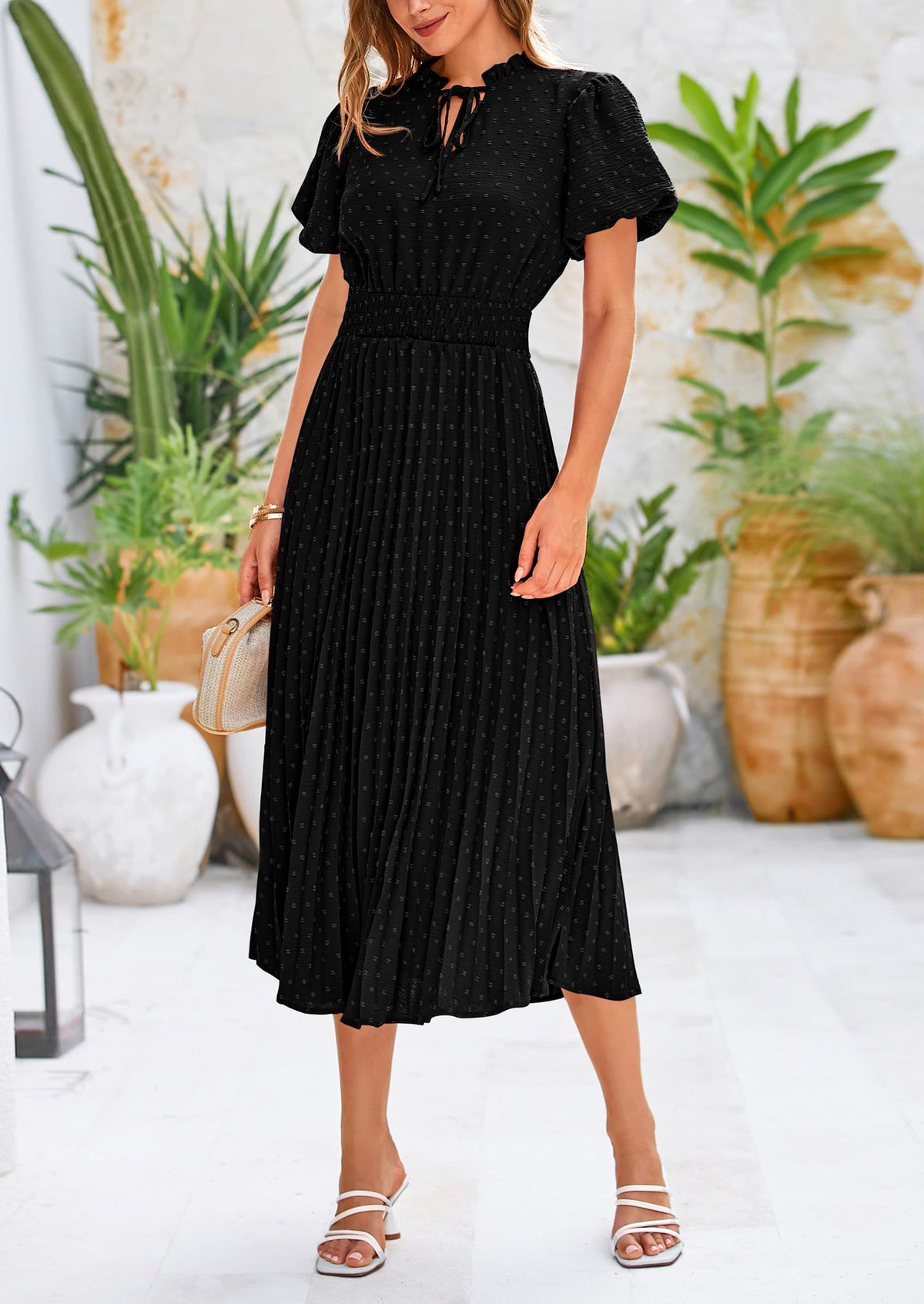 Swiss Dot Pleated A Line Casual Flowy Party Midi Dress
