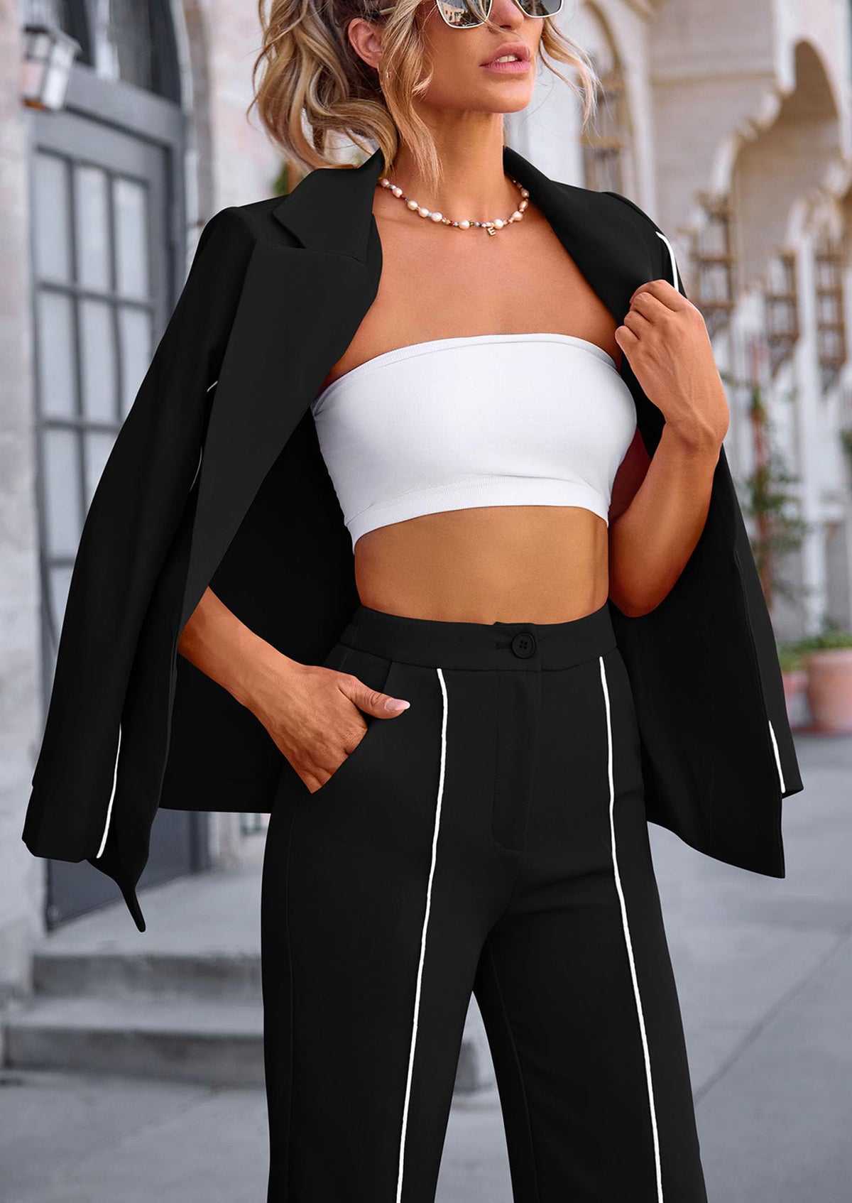 Business Casual Jacket Wide Leg Pants 2 Piece Blazer Sets
